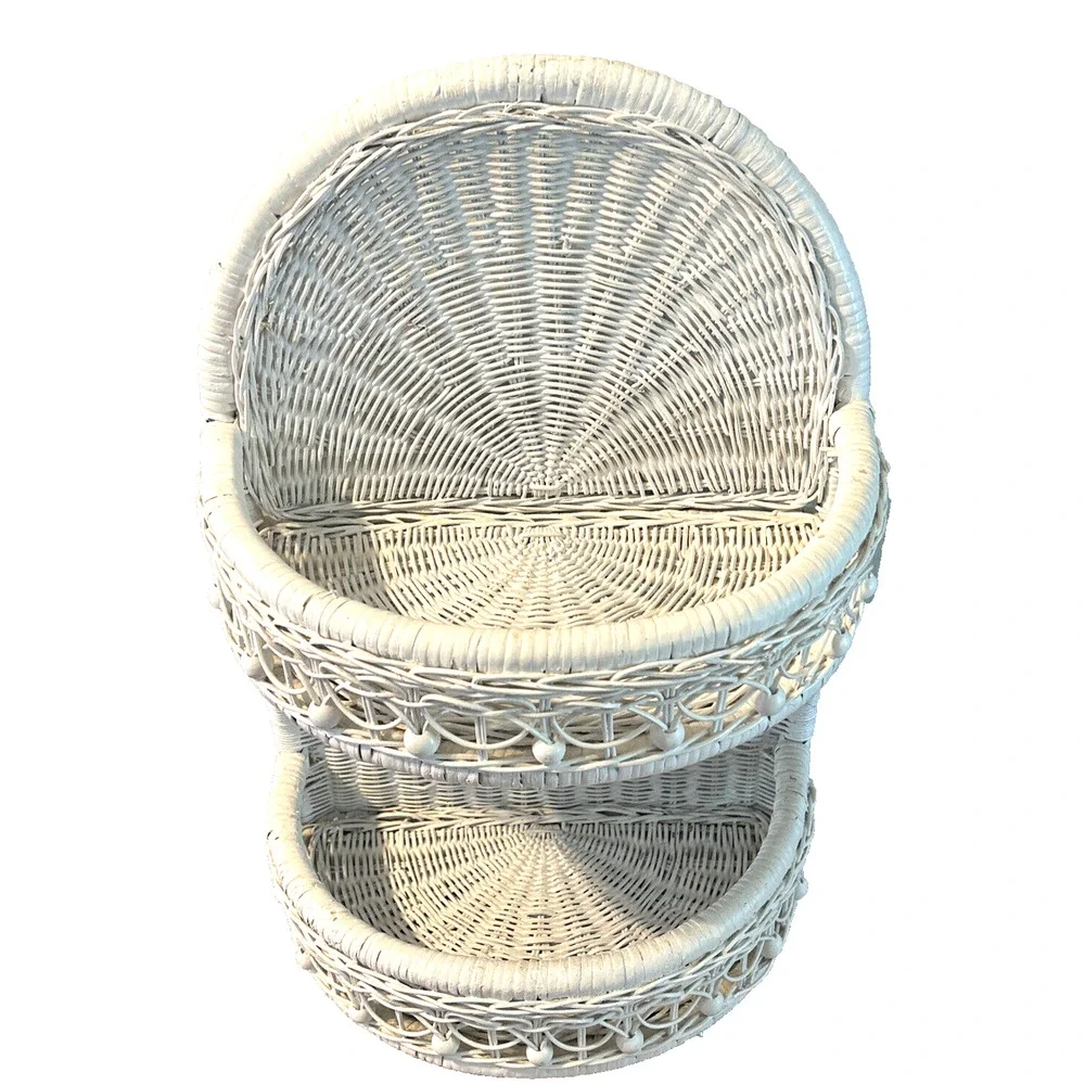 Vintage White Wicker Wall Shelf 2 Tier Hanging Standing Boho Cottage Farmhouse